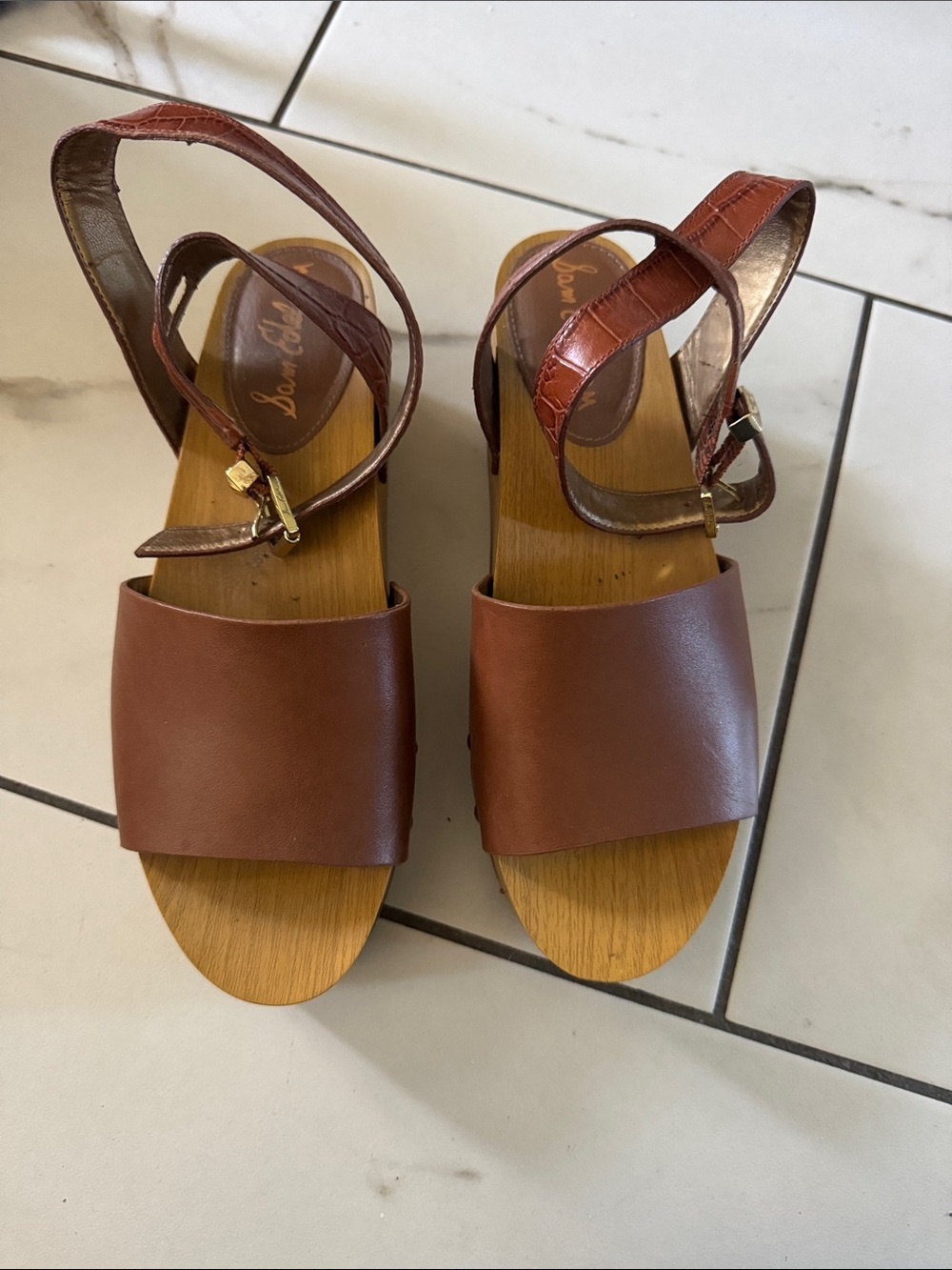 Sam Edelman Brown Leather Wooden-Look Block Heel Sandals